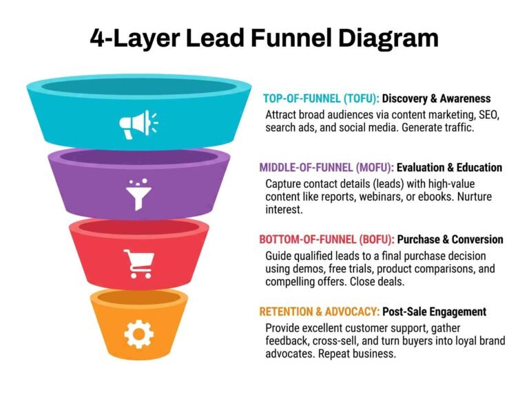4-layer marketing lead funnel diagram showing the customer journey through awareness, evaluation, conversion, and retention stages.