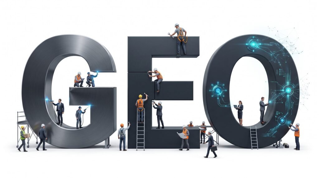 3D illustration of miniature engineers and workers building and optimizing giant metallic letters spelling GEO with glowing digital data circuits.